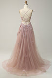 A Line Spaghetti Straps Blush Long Prom Dress med applikationer