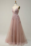 A Line Spaghetti Straps Blush Long Prom Dress med applikationer