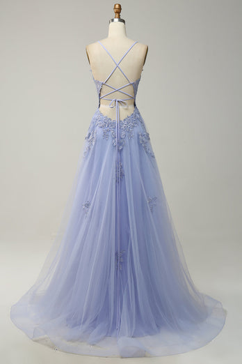 A Line Spaghetti Straps Blush Long Prom Dress med applikationer