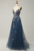 Indlæs billede til gallerivisning Spaghetti stropper A Line Grey Blue Long Prom Dress med Criss Cross Back