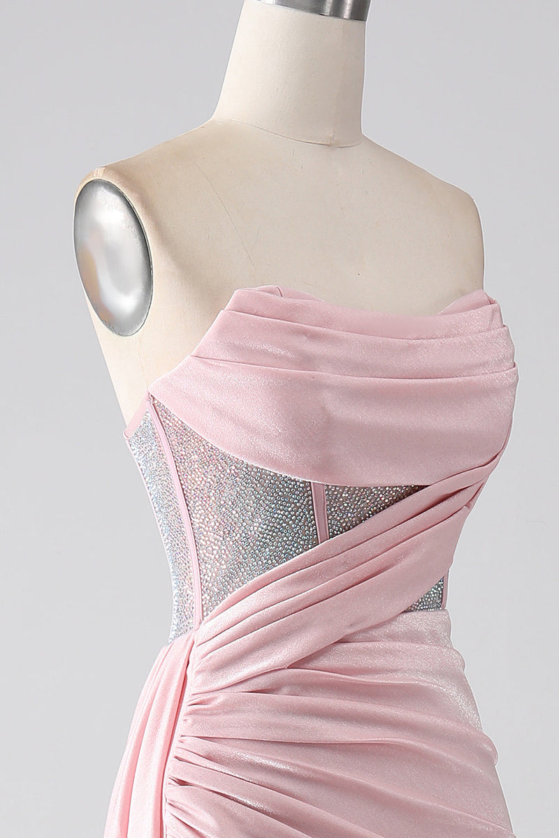 Indlæs billede til gallerivisning Pink havfrue stropløs perleplisseret lang gallakjole med høj slids