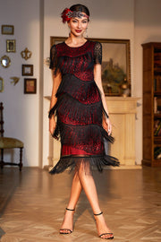 Sort Rød Beaded Gatsby frynsede Flapper Kjole