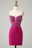 Stilfuld Bodycon Spaghetti Stropper Fuchsia Kort Homecoming Kjole med Beaded