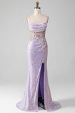 Lilac Sparkly Spaghetti Straps Havfrue Gallakjole med slids