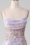 Lilac Sparkly Spaghetti Straps Havfrue Gallakjole med slids