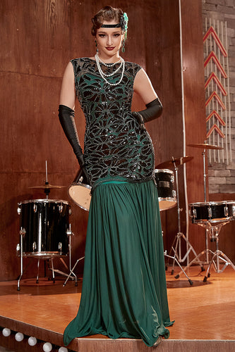 Mørkegrøn lang 1920'ernes pailletklapkjole