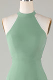 A-Line Halter Open Back Matcha Brudepigekjole med delt front