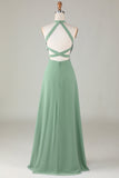 A-Line Halter Open Back Matcha Brudepigekjole med delt front