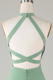 A-Line Halter Open Back Matcha Brudepigekjole med delt front