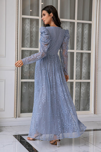 Blå blonder lang Prom kjole med ærmer
