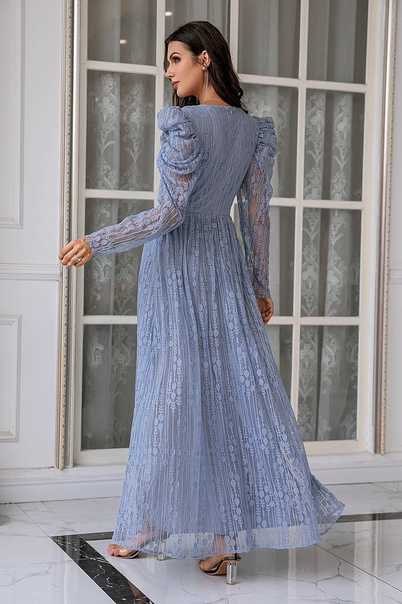 Indlæs billede til gallerivisning Blå blonder lang Prom kjole med ærmer