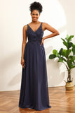 Navy V-Neck Long Chiffon Brudepige kjole med åben ryg