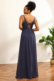 Navy V-Neck Long Chiffon Brudepige kjole med åben ryg