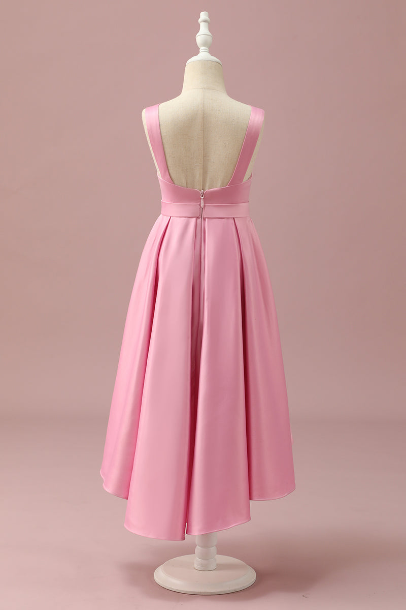 Indlæs billede til gallerivisning Pink satin høj lav junior brudepige kjole