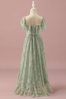 Grøn blonder firkantet hals høj lav junior brudepige kjole