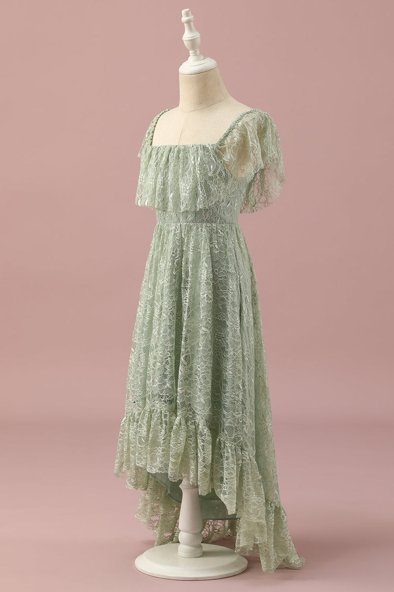 Indlæs billede til gallerivisning Grøn blonder firkantet hals høj lav junior brudepige kjole