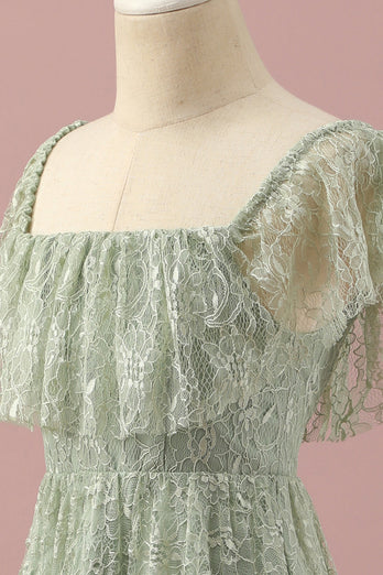 Grøn blonder firkantet hals høj lav junior brudepige kjole