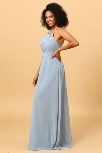 Grime Chiffon blå brudepige kjole med flæser