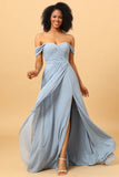 Off Shoulder Chiffon Blue Brudepige kjole med slids