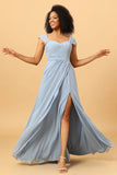 Off Shoulder Chiffon Blue Brudepige kjole med slids