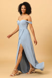 Off Shoulder Chiffon Blue Brudepige kjole med slids