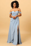 Off Shoulder Chiffon Blue Brudepige kjole med slids