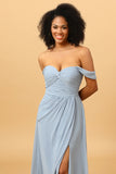 Off Shoulder Chiffon Blue Brudepige kjole med slids