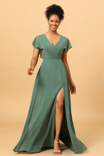 Chiffon A-line grøn brudepige kjole med slids
