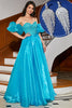 Indlæs billede til gallerivisning Blå A-Line Off The Shoulder Corset Beaded Prom Dress med tilbehør