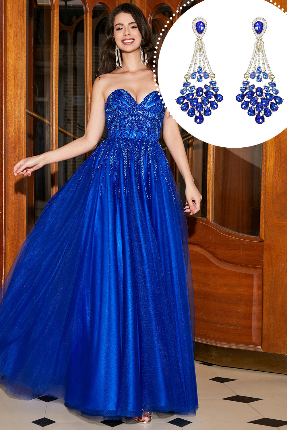 Royal Blue A-Line Sweetheart Long Beaded Prom Dress med tilbehør