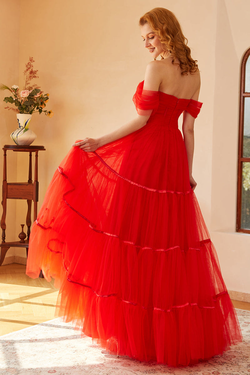 Indlæs billede til gallerivisning Rød fra skulderen Prom kjole