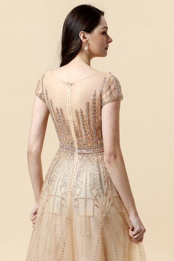 En linje rund hals gylden perle gulvlængde formel kjole