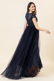 Gnistrende marineblå perle lang formel kjole