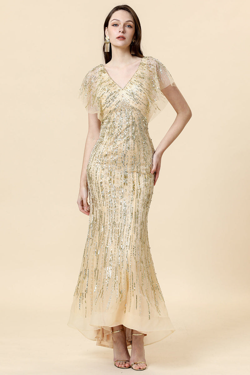 Kvinder Golden Beaded Formal Dress Havfrue V Hals Aften Kjole – ZAPAKA
