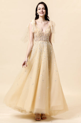 Glitrende gul perle A-line formel kjole