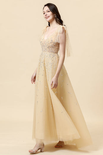 Glitrende gul perle A-line formel kjole