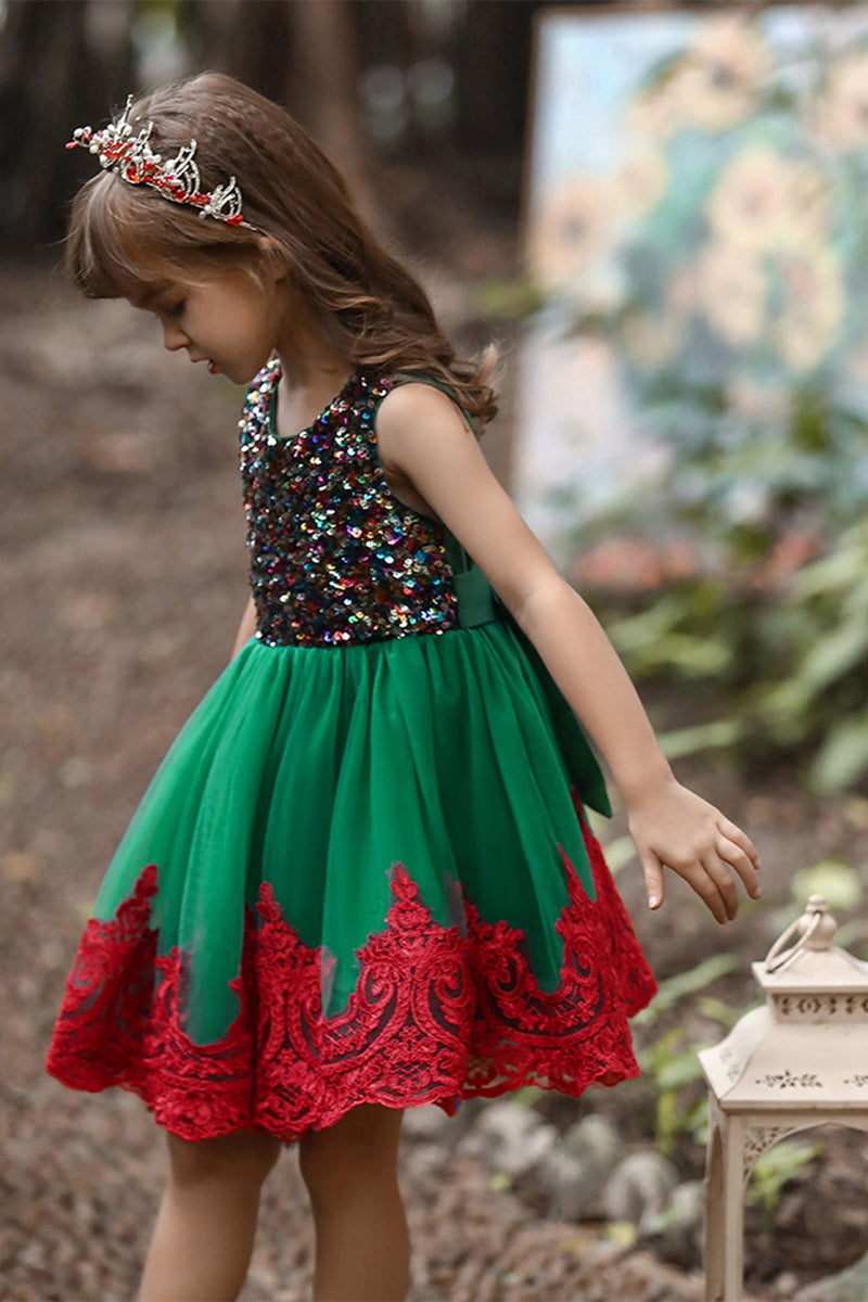 Indlæs billede til gallerivisning Grøn og rød blomst pige kjole med paillet