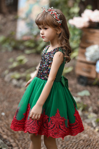 Grøn og rød blomst pige kjole med paillet