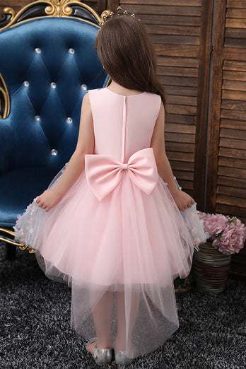 Pink Høj lav blomst pige kjole med Bowknot