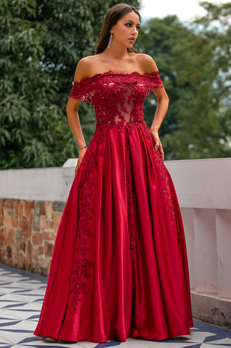 Rød fra skulderen lang prom kjole