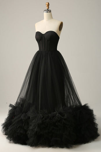 A Line Sweetheart Black Corset Prom Dress med flæsede
