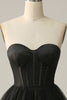 Indlæs billede til gallerivisning A Line Sweetheart Black Corset Prom Dress med flæsede