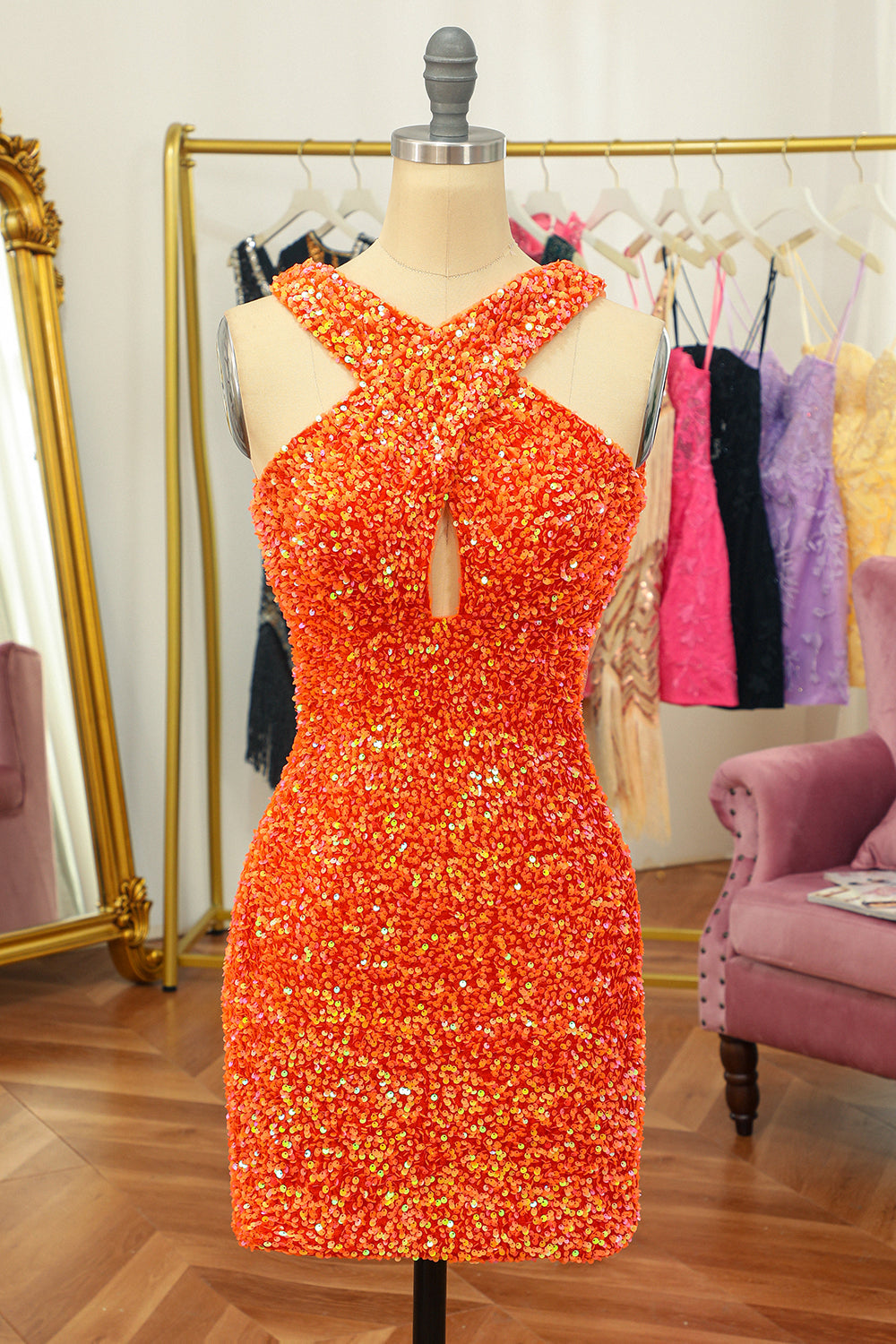 Glitter Red Halter Rygløse Pailletter Stram Hjemkomst Kjole