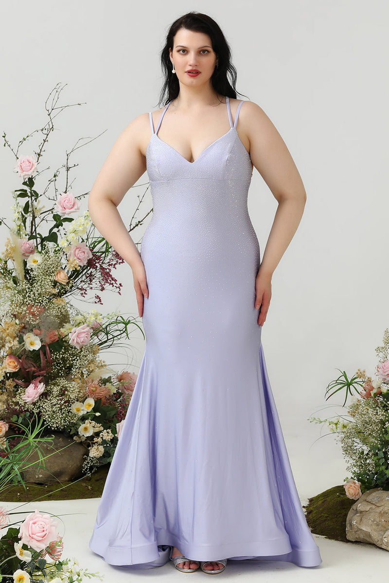 Indlæs billede til gallerivisning Havfrue Spaghetti Stropper Lilac Plus Size Prom Kjole med Criss Cross Back