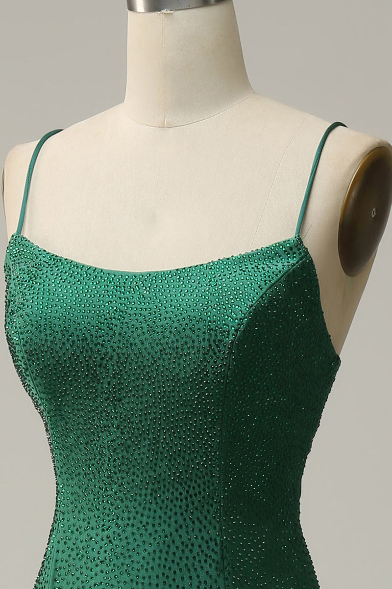 Indlæs billede til gallerivisning Havfrue spaghetti stropper mørkegrøn lang gallakjole med perler