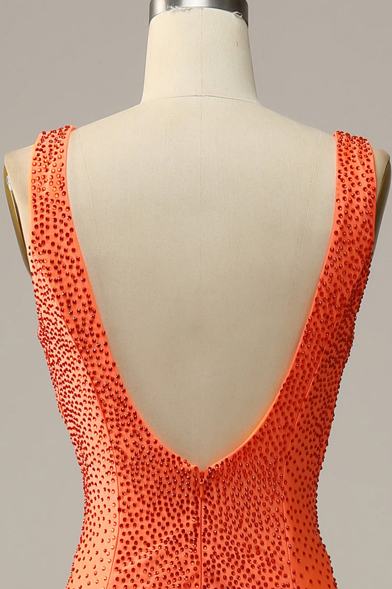 Indlæs billede til gallerivisning Havfrue V hals Orange lang gallakjole med perler