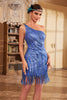 Indlæs billede til gallerivisning Glimrende skede En skulder Blå Pailletter 1920&#39;erne kjole