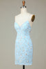 Indlæs billede til gallerivisning Glitrende blå pailletter Beaded blomster Stram kort hjemkomst kjole