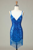 Glitrende bodycon spaghettistropper blå snørebånd tilbage kort homecoming kjole med perler