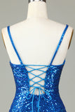 Glitrende bodycon spaghettistropper blå snørebånd tilbage kort homecoming kjole med perler